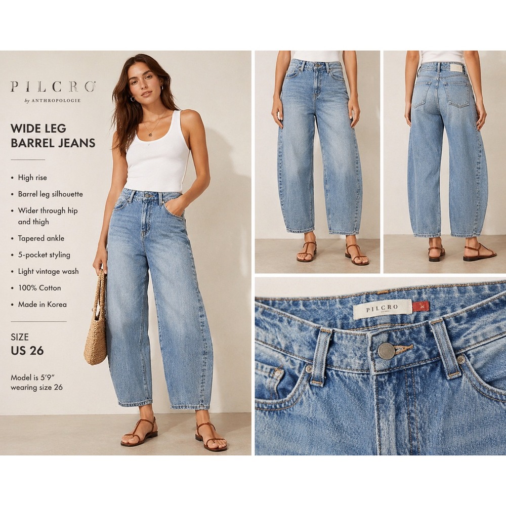 Pilcro Anthropologie Womens 26 Wide Leg Barrel Jeans High Rise Light Wash Crop - Picture 16 of 16
